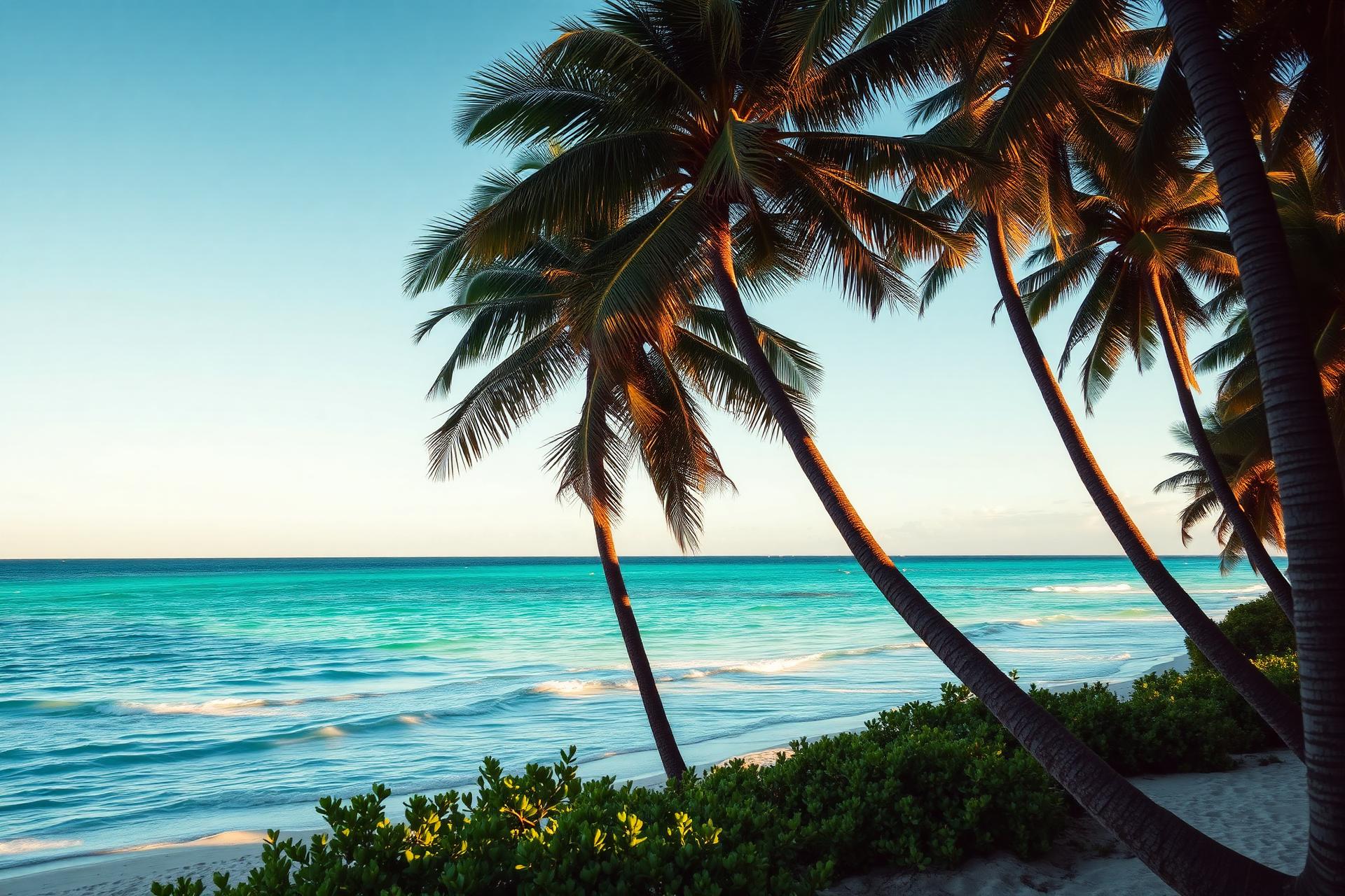 Tropical palm beach at golden hour